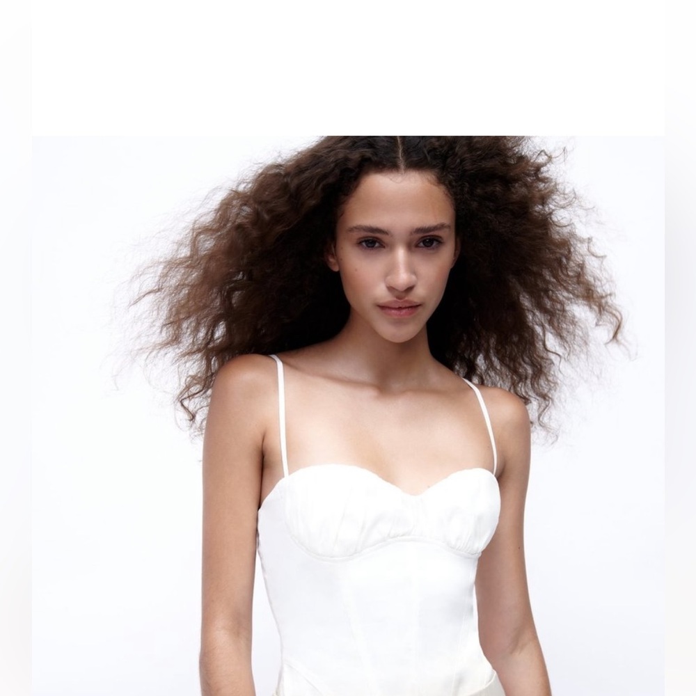 New Zara Corset Sweetheart Neckline Linen Blend White Bodysuit / Top